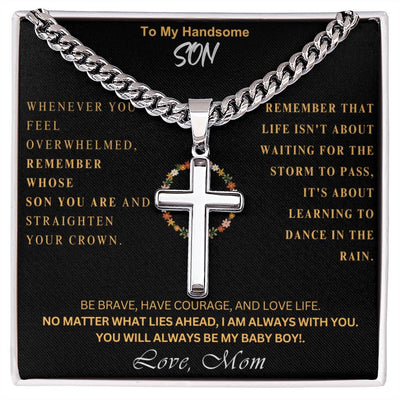 From Mom, From Dad ,To Son, To Dad -Personalized Steel Cross Necklace on Cuban Chain w/ MC