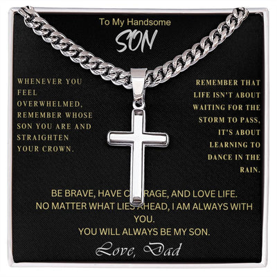 From Mom To Son , From Dad To Son -Artisan Cross Necklace on Cuban Chain w/ MC